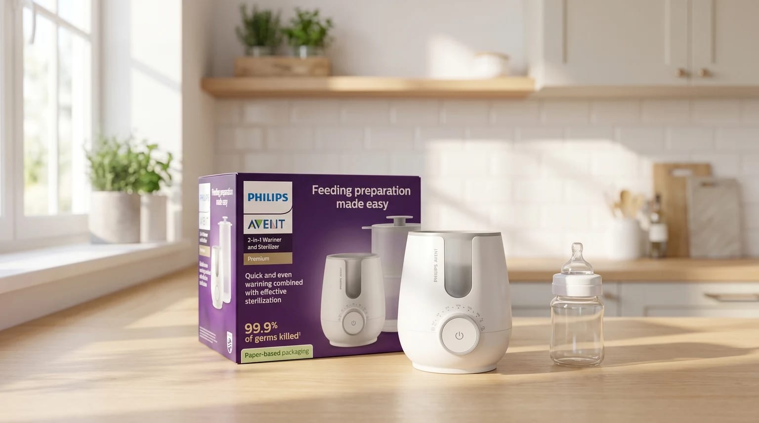 Aquecedor e esterilizador de biberões Philips Avent branco numa bancada de cozinha moderna e luminosa, com luz natural suave.