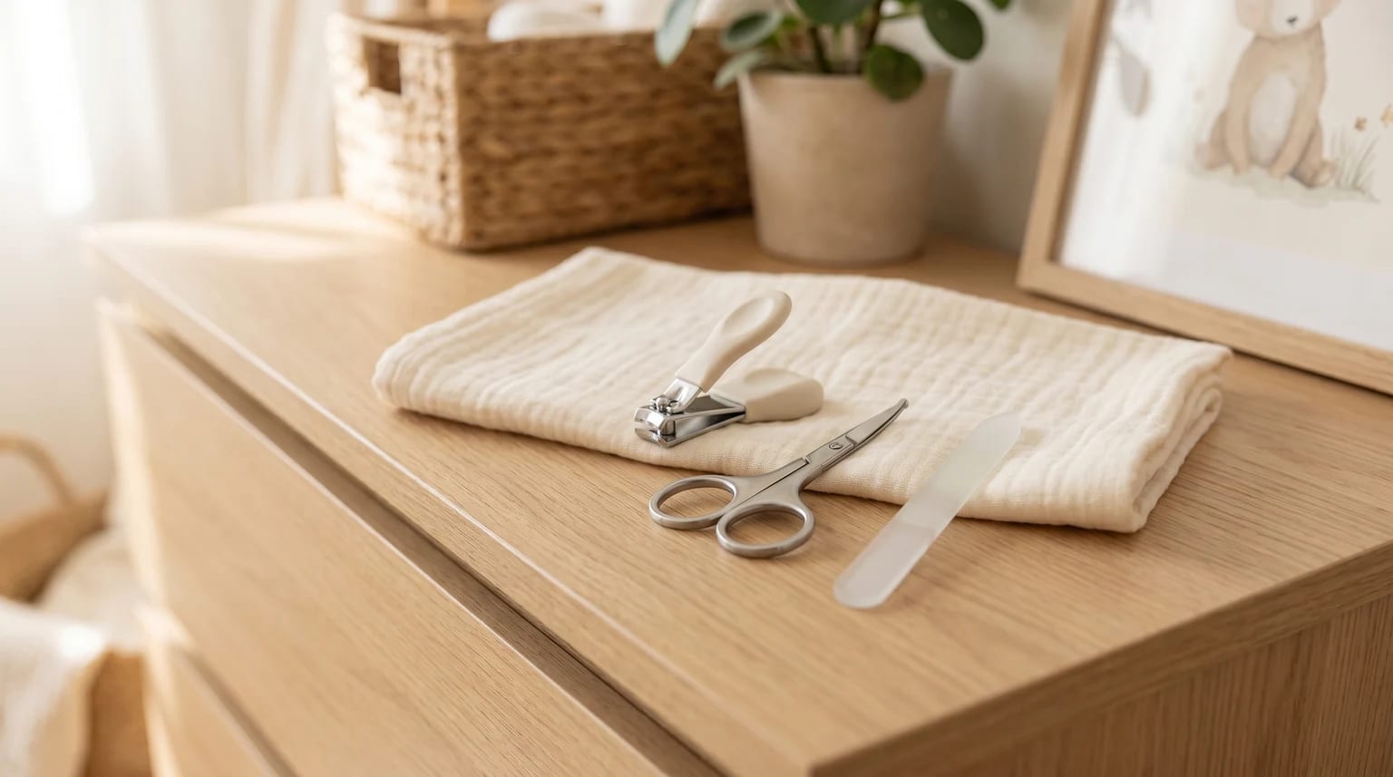 Kit corta-unhas para bebé, com corta-unhas, tesoura e lima, pousado sobre um pano de musselina numa cómoda de madeira clara.