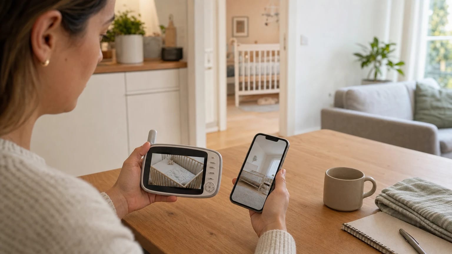 Intercomunicador para bebé com ecrã dos pais e telemóvel numa casa, para comparar modelos sem Wi-Fi e com app.