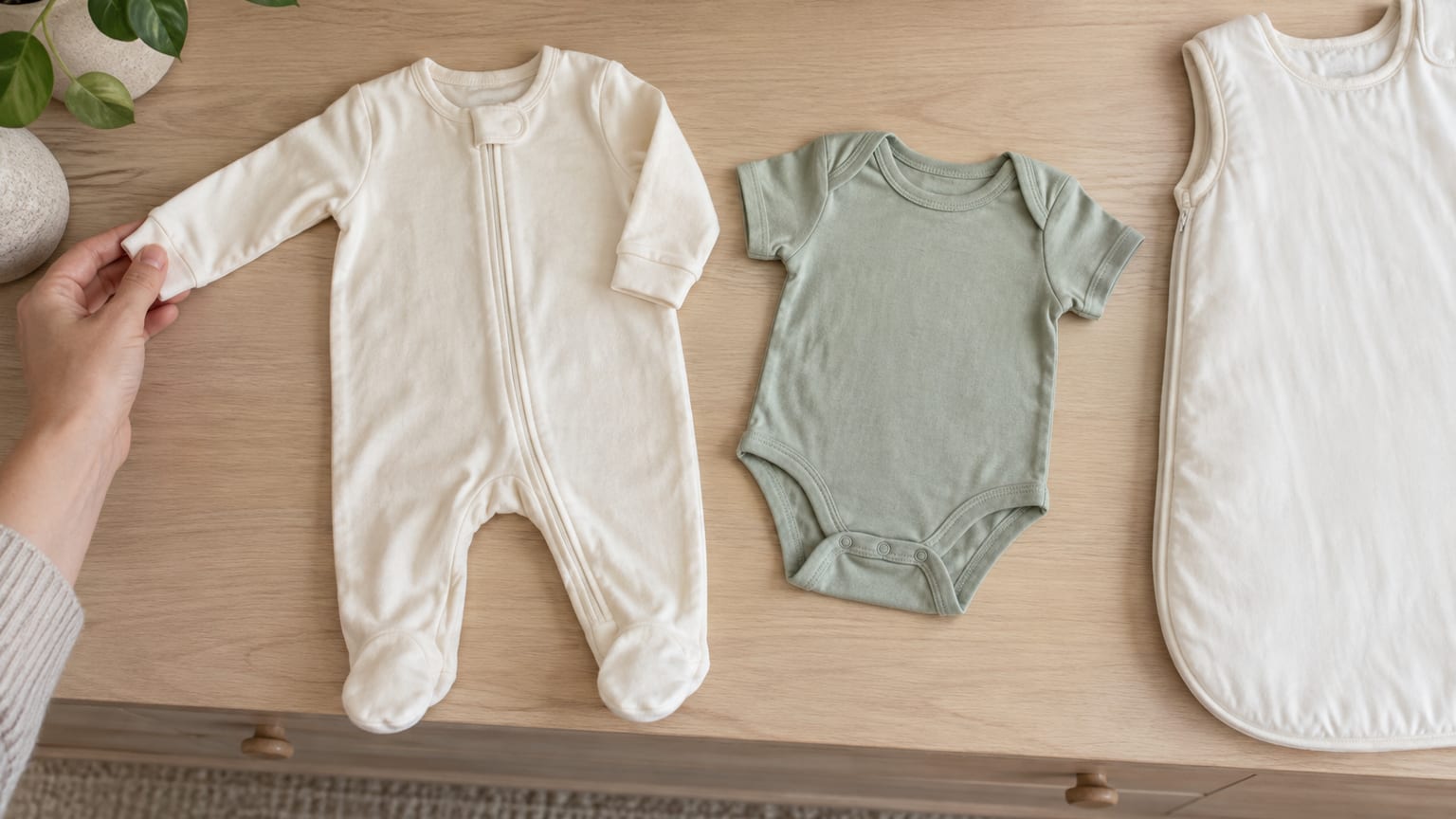 Uma mão estende a manga de um pijama leve, ao lado de um body e de um saco de dormir.