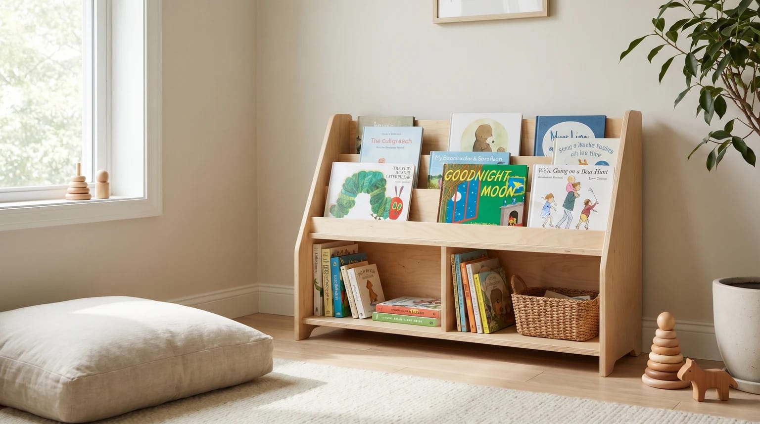 Canto de leitura Montessori luminoso com estante baixa de livros infantis, almofada no chão e livros ao alcance da criança.