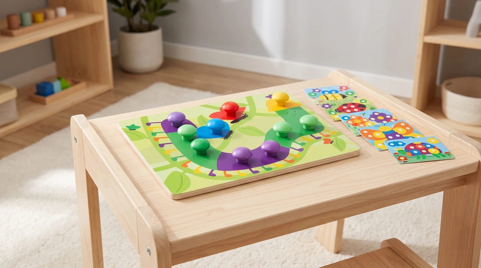 Um puzzle de madeira com botões coloridos e cartas ilustradas a combinar, pousado sobre uma mesa infantil de madeira clara.