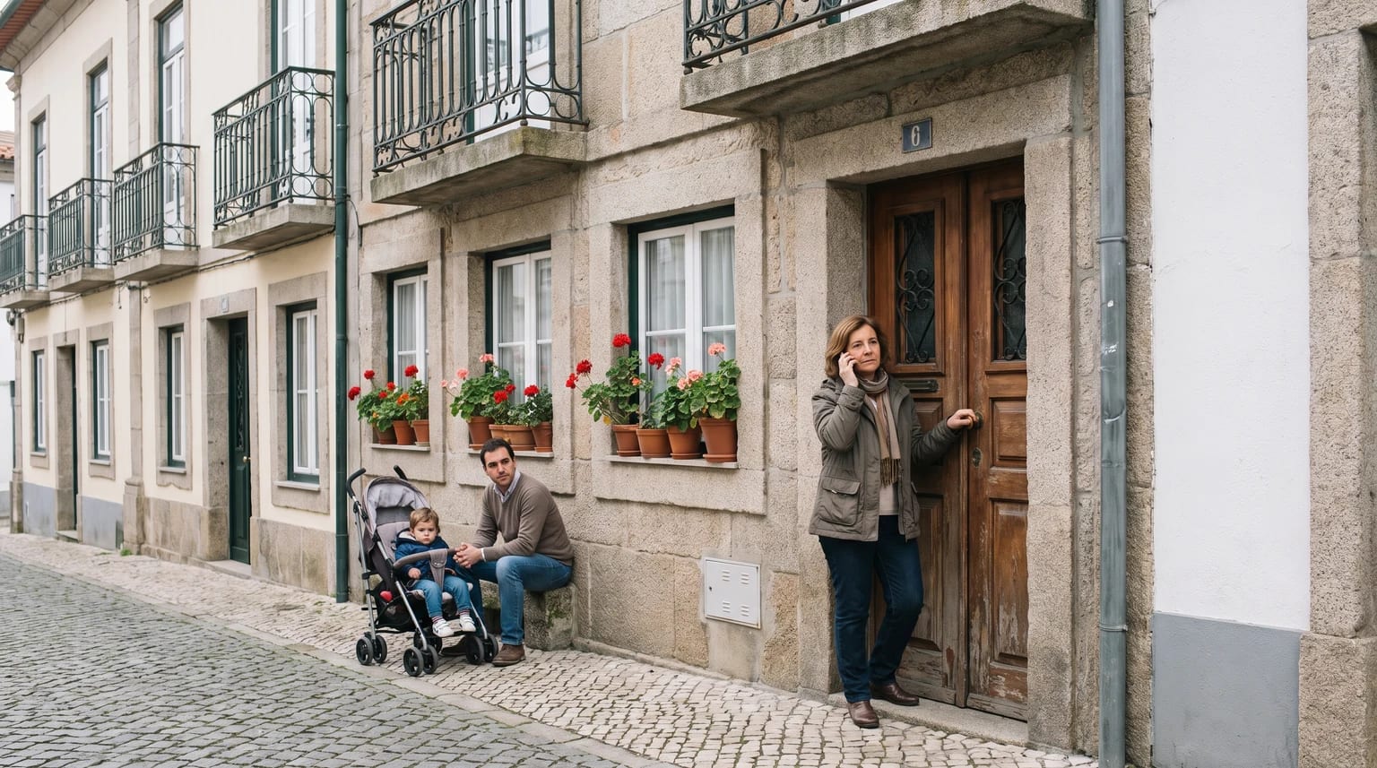 Família no exterior de casa enquanto um adulto faz uma chamada de segurança