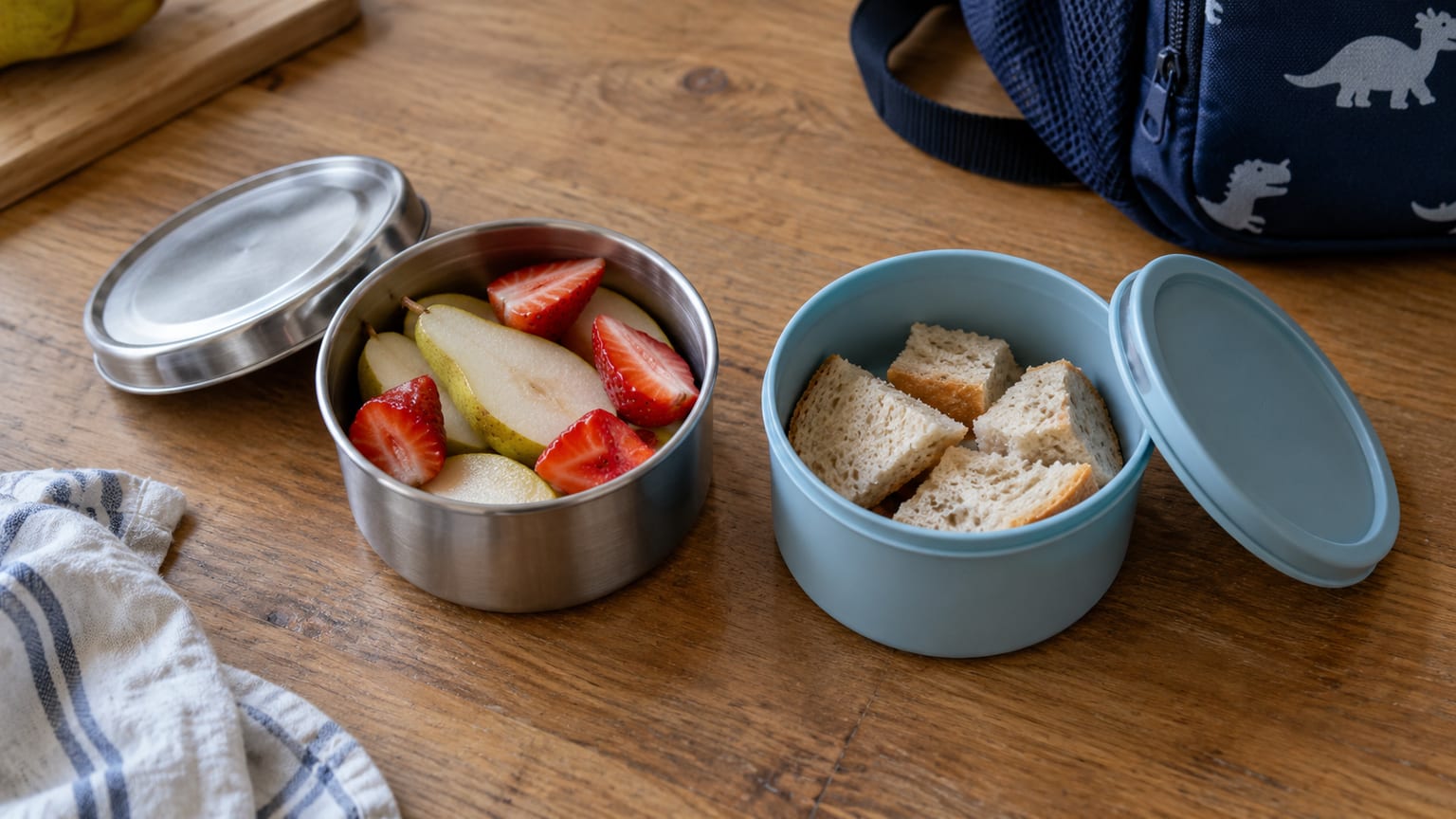 Dois pequenos recipientes com fruta cortada e pedaços de pão numa mesa, junto de uma mochila infantil.