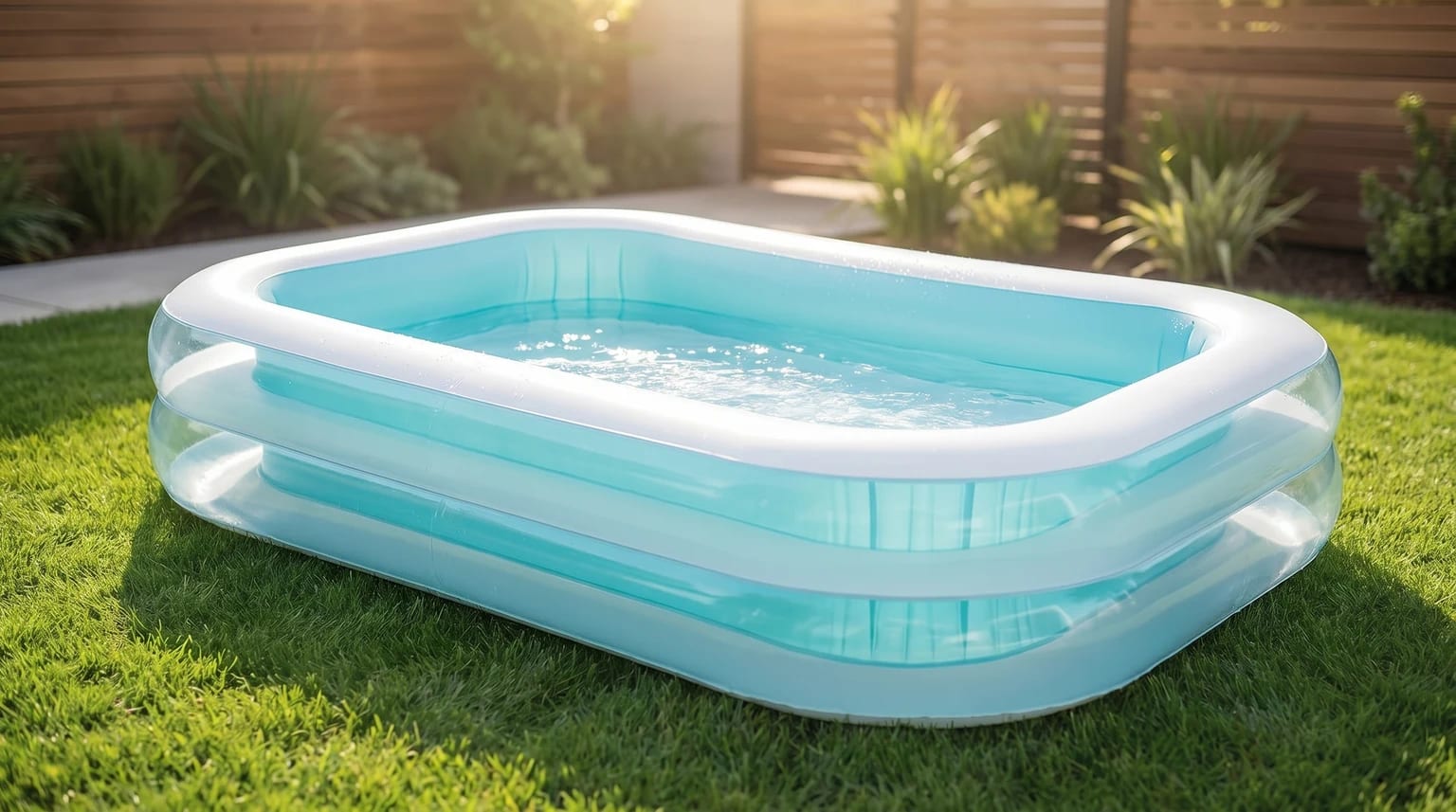 Piscina insuflável retangular branca e azul, montada num relvado soalheiro com água no interior.