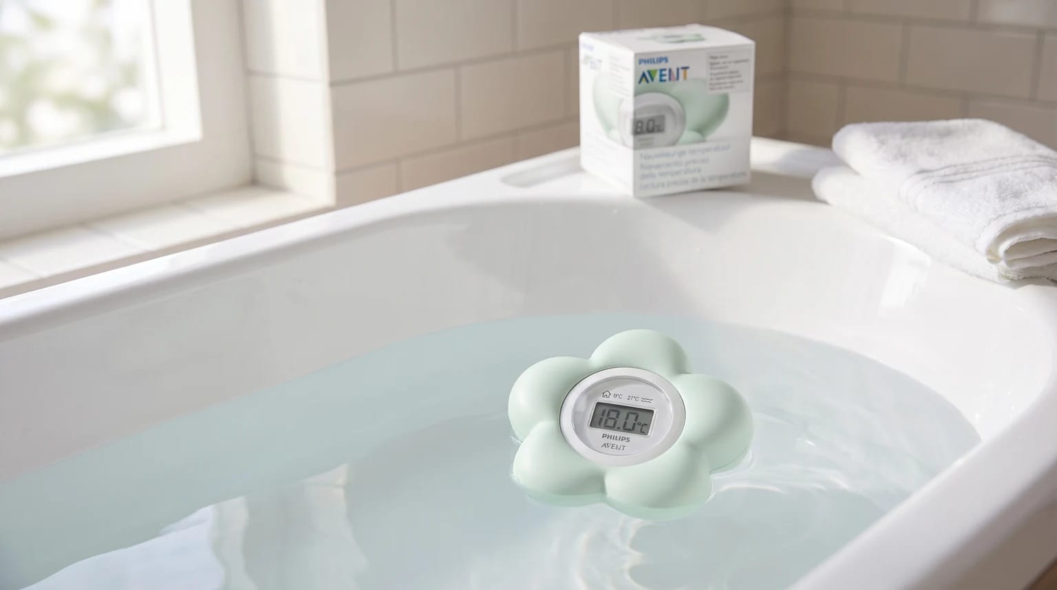 Termómetro digital Philips Avent em forma de flor a flutuar na água calma de uma banheira de bebé, numa casa de banho clara e luminosa.