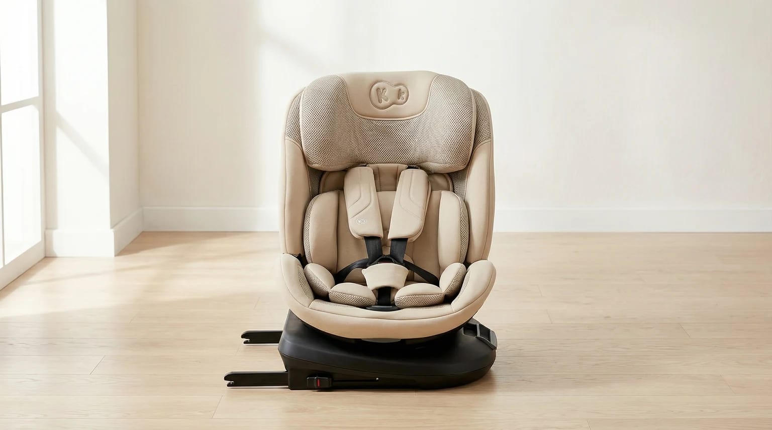 Cadeira auto Kinderkraft XPEDITION 3 i-Size em bege num ambiente interior claro com fundo editorial suave e luz natural.