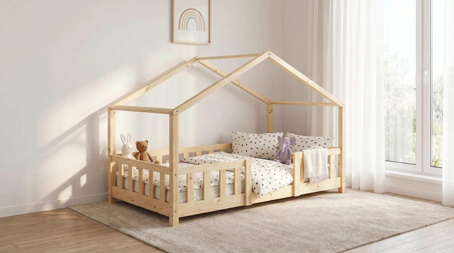 Cama infantil de madeira natural em forma de casa, num quarto de criança luminoso e calmo, com roupa de cama branca às bolinhas e peluches sobre a cama.