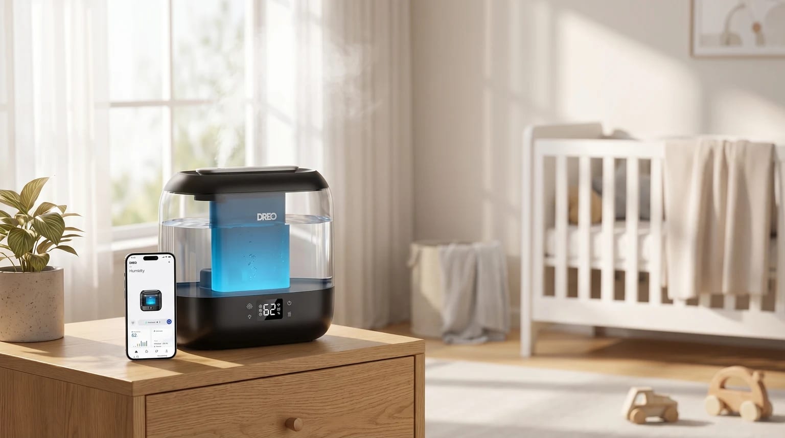 Humidificador inteligente Dreo numa mesa de cabeceira num quarto de bebé sereno e luminoso, a emitir uma névoa suave.