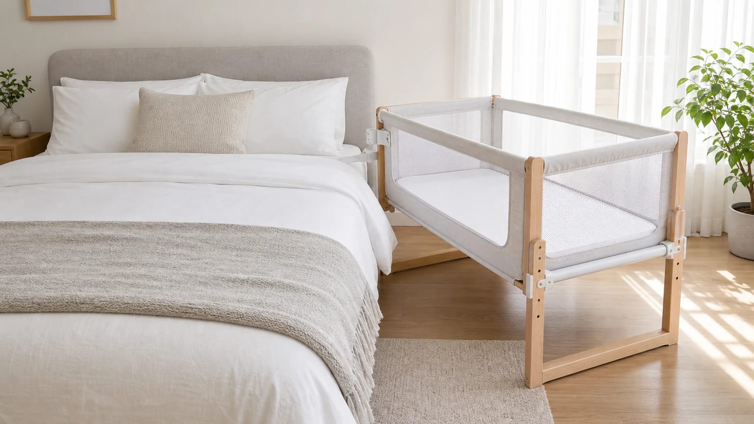 Um berço co-sleeping vazio com laterais de rede branca e estrutura de madeira clara, preso ao lado de uma cama num quarto luminoso.