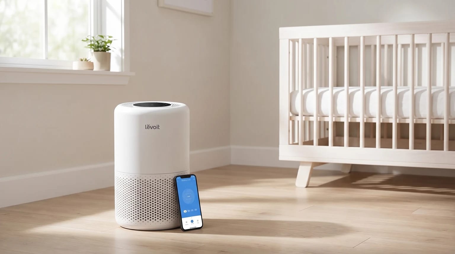 Purificador de ar Levoit branco com smartphone apoiado ao lado, junto a um berço branco num quarto de bebé luminoso.