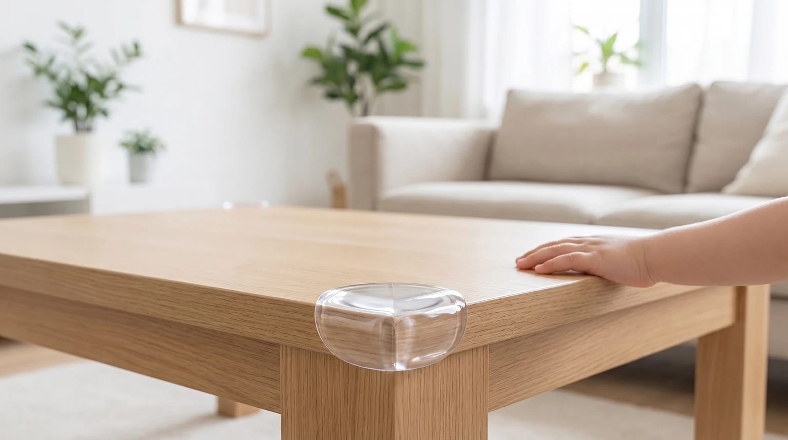 Protetor de canto transparente instalado no canto de uma mesa de centro de madeira clara, com a mão de uma criança apoiada na mesa, numa sala luminosa.