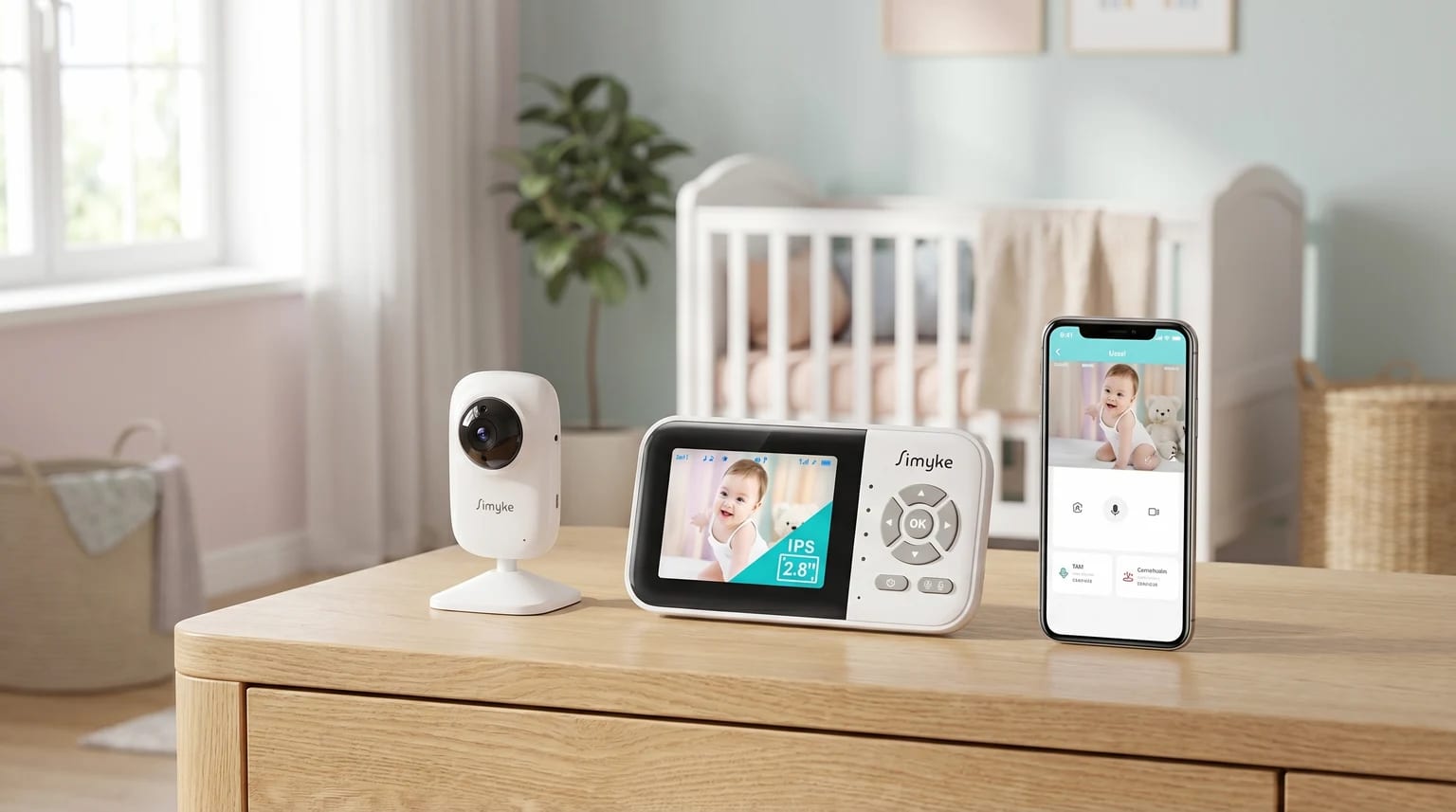 Um intercomunicador de bebé com câmara, monitor e smartphone pousado numa cómoda de madeira num quarto de bebé luminoso e sereno.