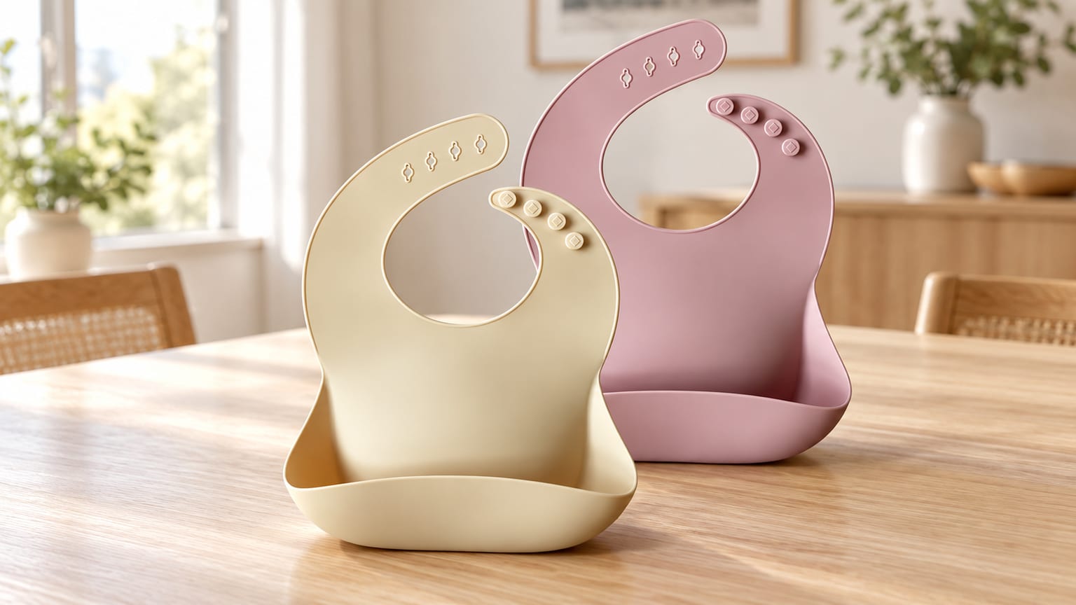 Dois babetes Moonkie em bege e rosa, com bolsos e fechos ajustáveis, sobre uma mesa de madeira clara.