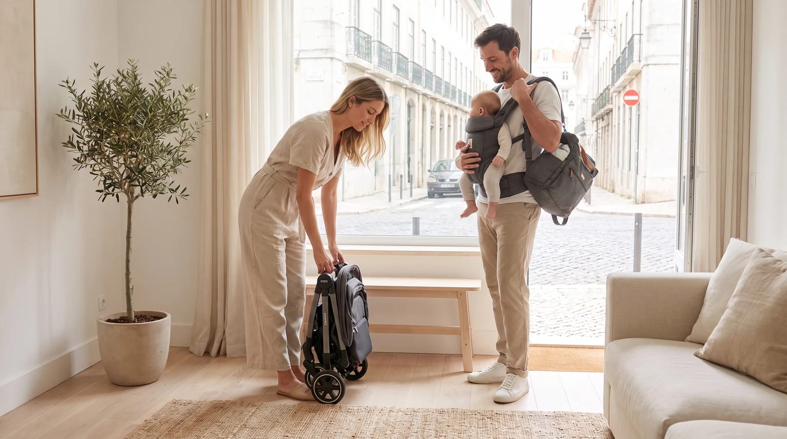 Um casal prepara-se para sair de casa. A mulher fecha um carrinho de bebé compacto e o homem segura o bebé num marsúpio.