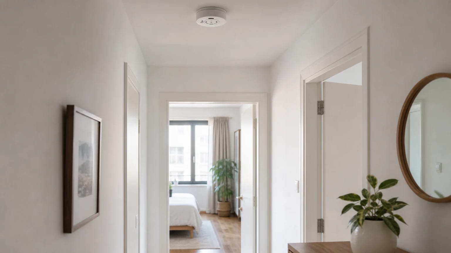 Detetor de fumo no teto de um corredor luminoso junto aos quartos