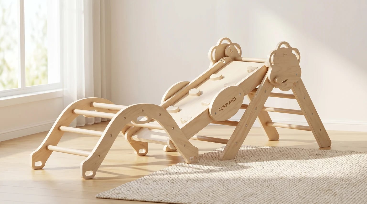Conjunto de escalada infantil em madeira clara, montado num quarto de criança luminoso e moderno com chão de madeira, com triângulo, rampa e arco visíveis.