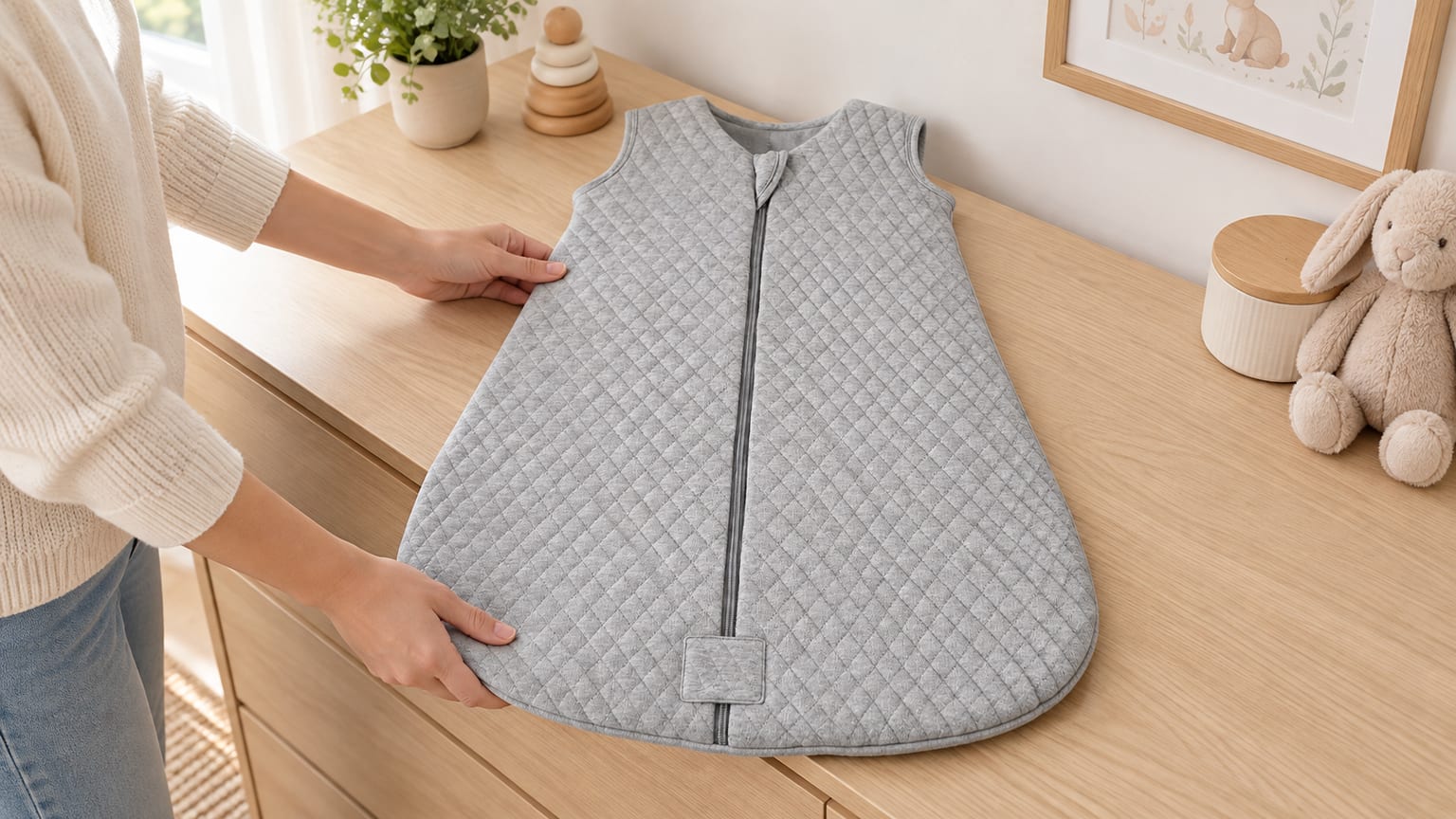 Mãos a endireitar um saco de dormir Yoofoss cinzento e acolchoado sobre uma cómoda, com o fecho frontal visível.