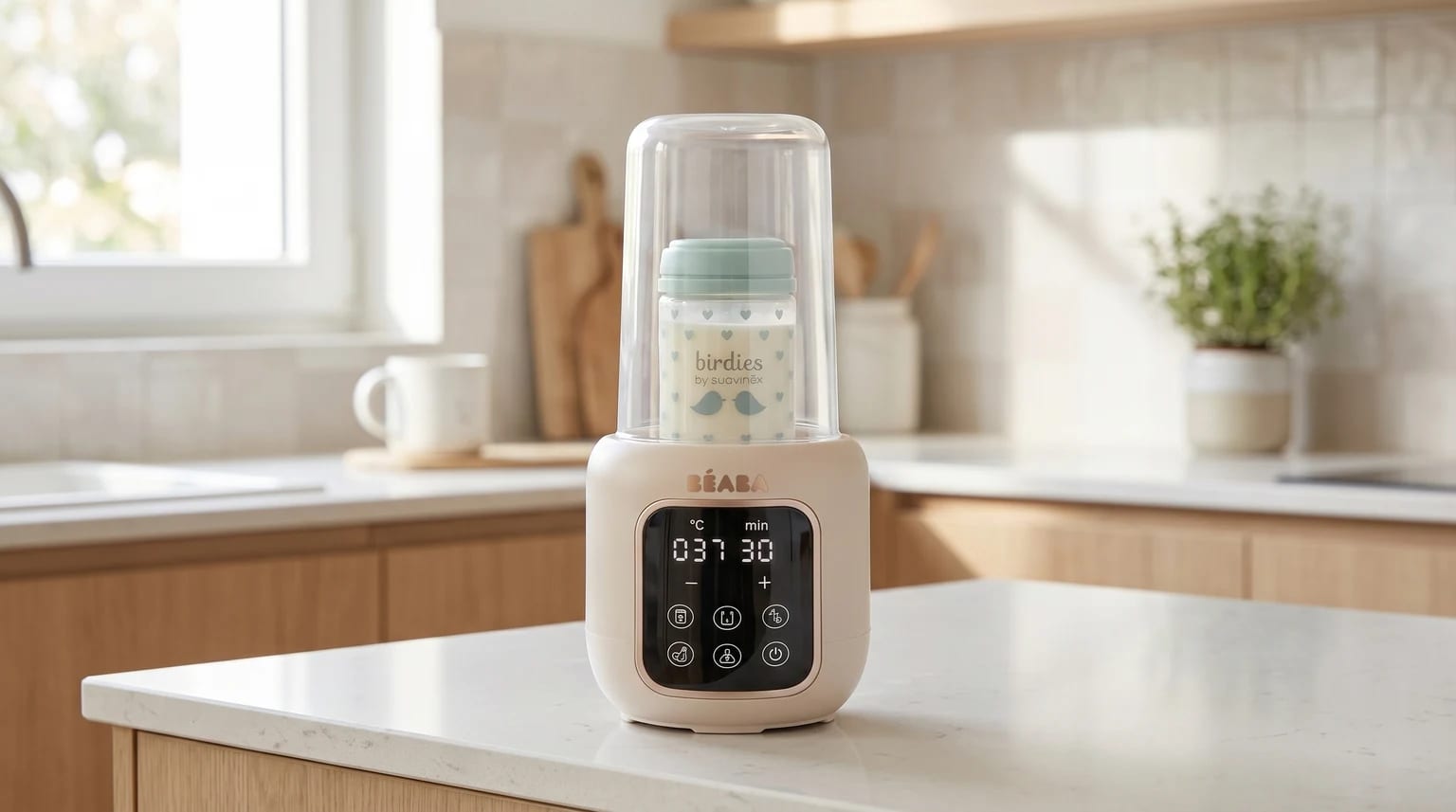 Aquecedor de biberões BÉABA Multi Milk numa bancada de cozinha moderna e luminosa, pronto a usar.