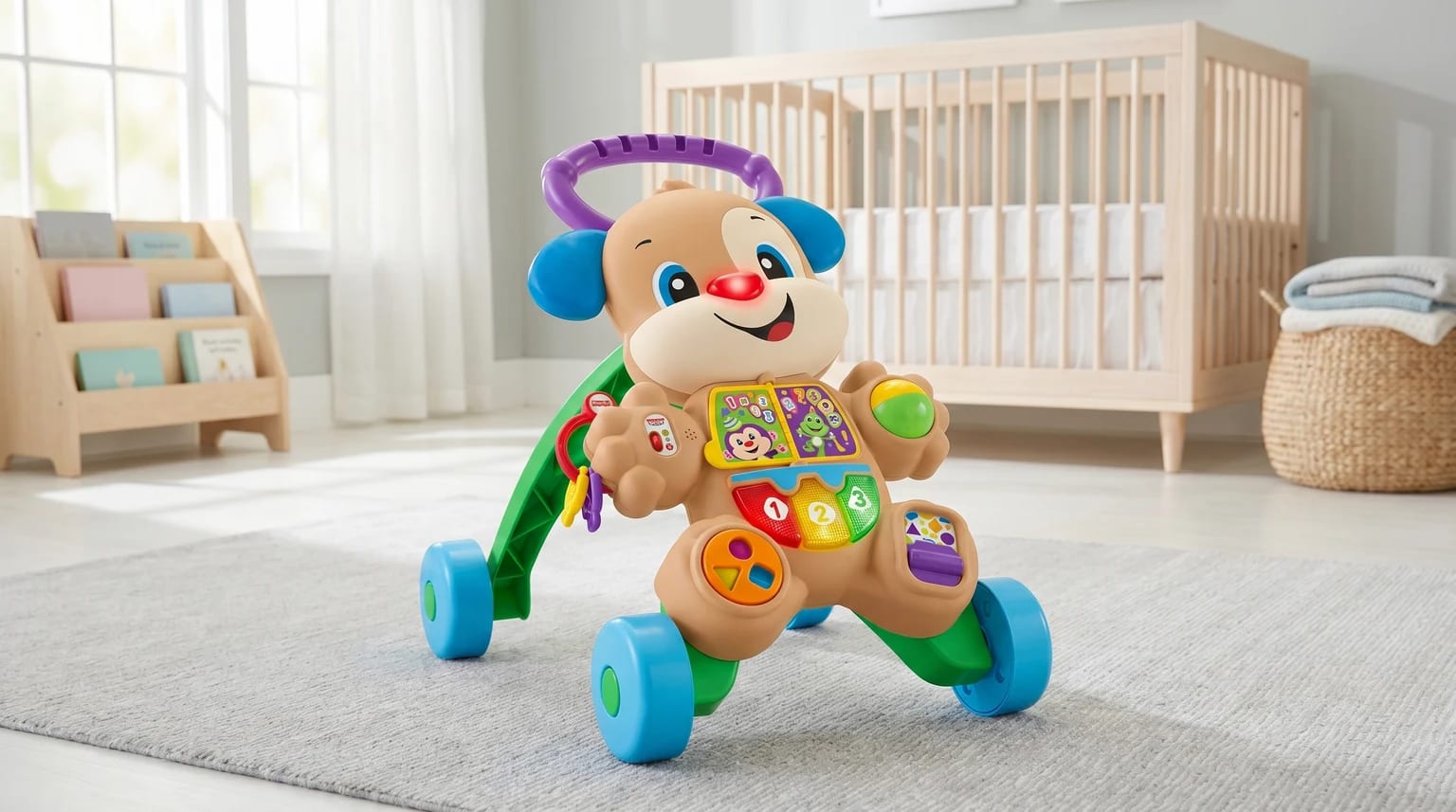 O andarilho de atividades Cãozinho da Fisher-Price num quarto de bebé moderno e luminoso, sobre um tapete macio.