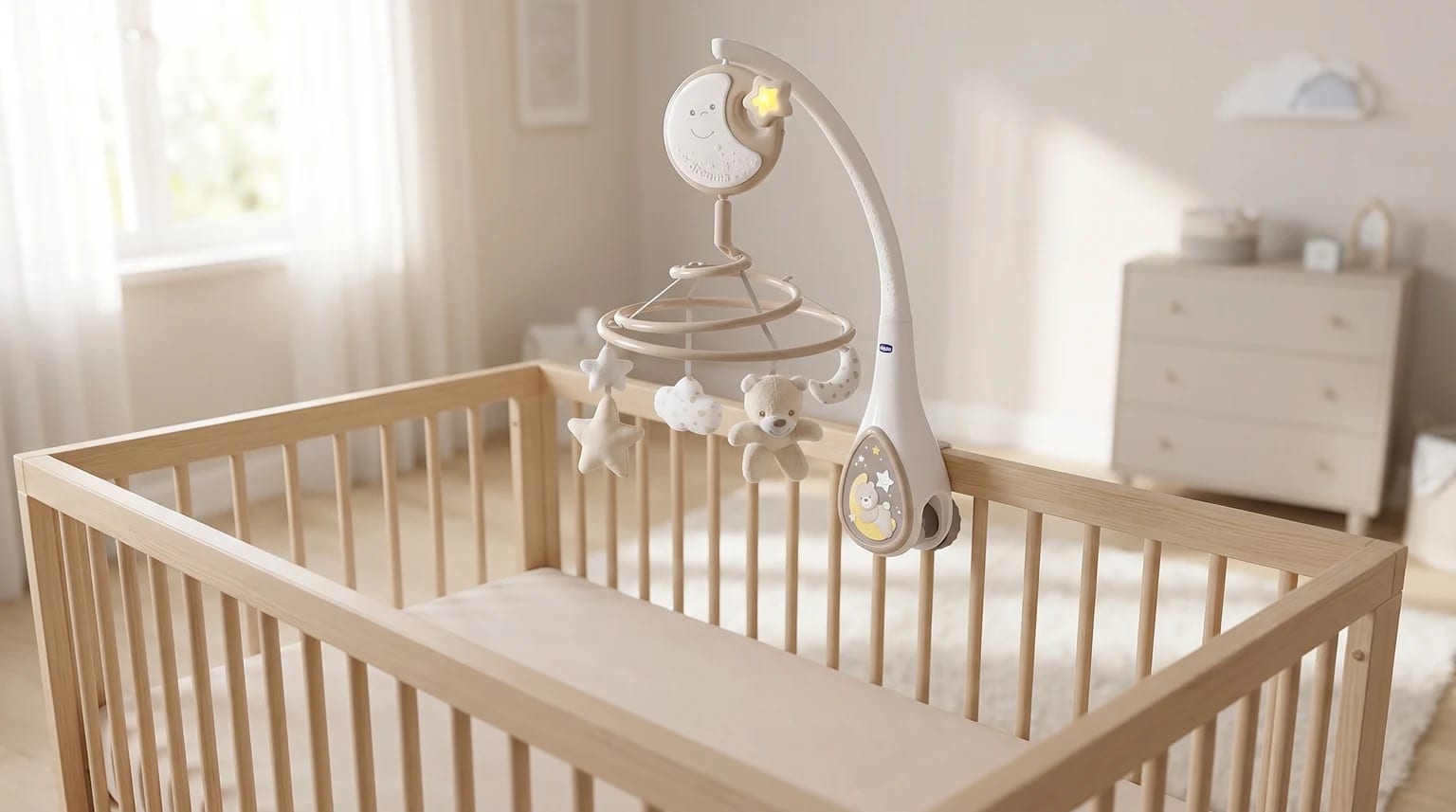 Móbile Chicco Next2Dreams instalado num berço branco, com peluches suspensos e luz natural no quarto.
