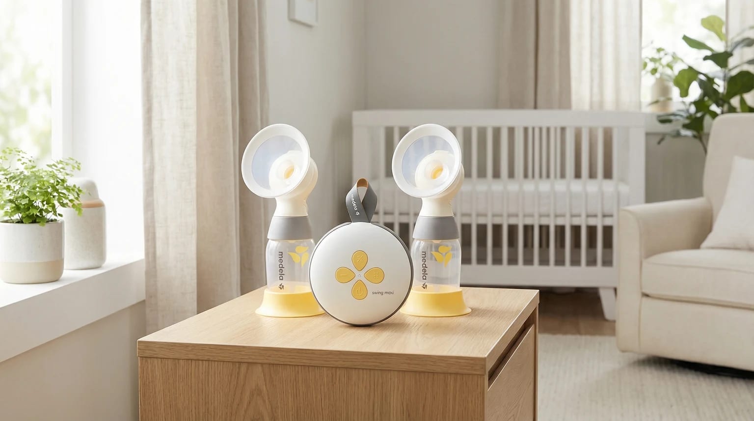 Bomba tira-leite elétrica dupla Medela Swing Maxi pousada numa mesa de cabeceira de madeira clara, num quarto de bebé luminoso.