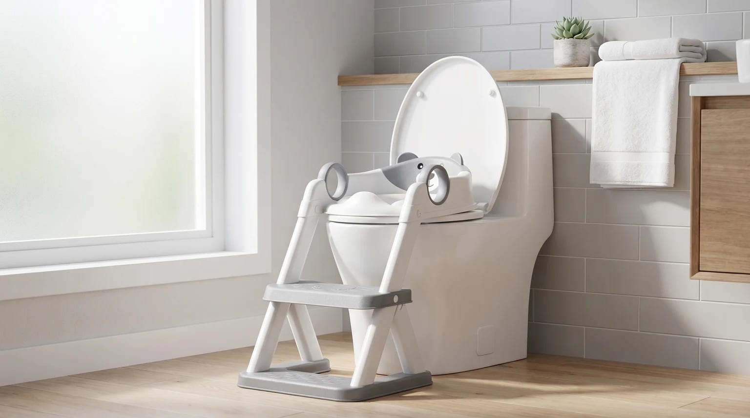 Redutor de sanita infantil com escada, em cinzento e branco e com um encosto em forma de urso, numa casa de banho moderna e luminosa.