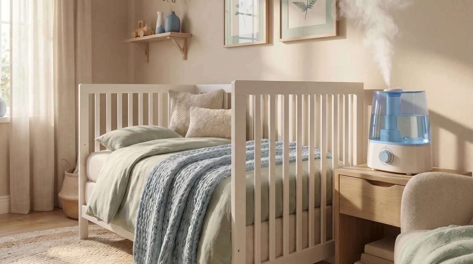 Humidificador sobre uma cómoda ao lado de um berço num quarto de bebé luminoso com detalhes suaves em verde e azul.