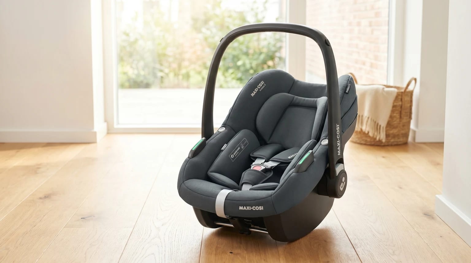 Cadeira auto Maxi-Cosi Pebble S i-Size em cinzento escuro, pousada num chão de madeira clara numa casa moderna e bem iluminada.