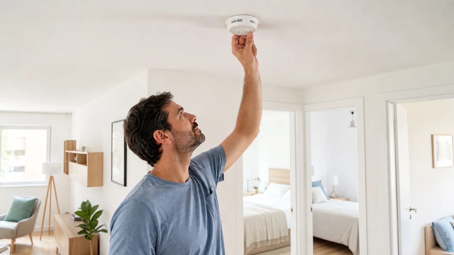 Adulto a verificar um detetor de fumo no teto de uma casa luminosa