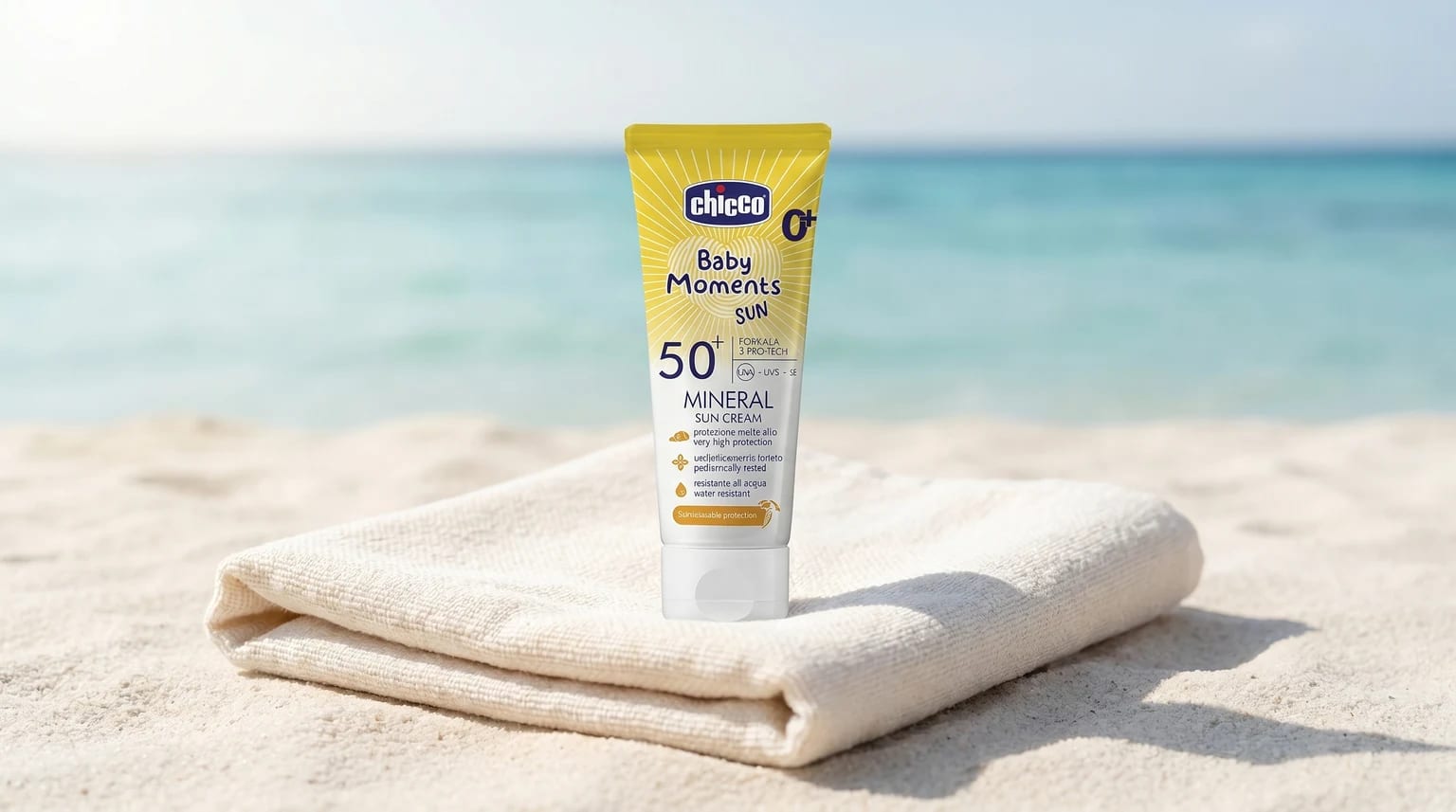 Tubo de protetor solar mineral Chicco Baby Moments SPF 50+ pousado sobre uma toalha clara junto a uma praia luminosa e desfocada.