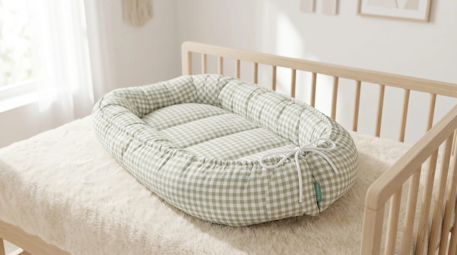 Ninho de bebé Molis & Co com padrão xadrez verde e branco, pousado num tapete fofo de cor creme num quarto de bebé luminoso e tranquilo.