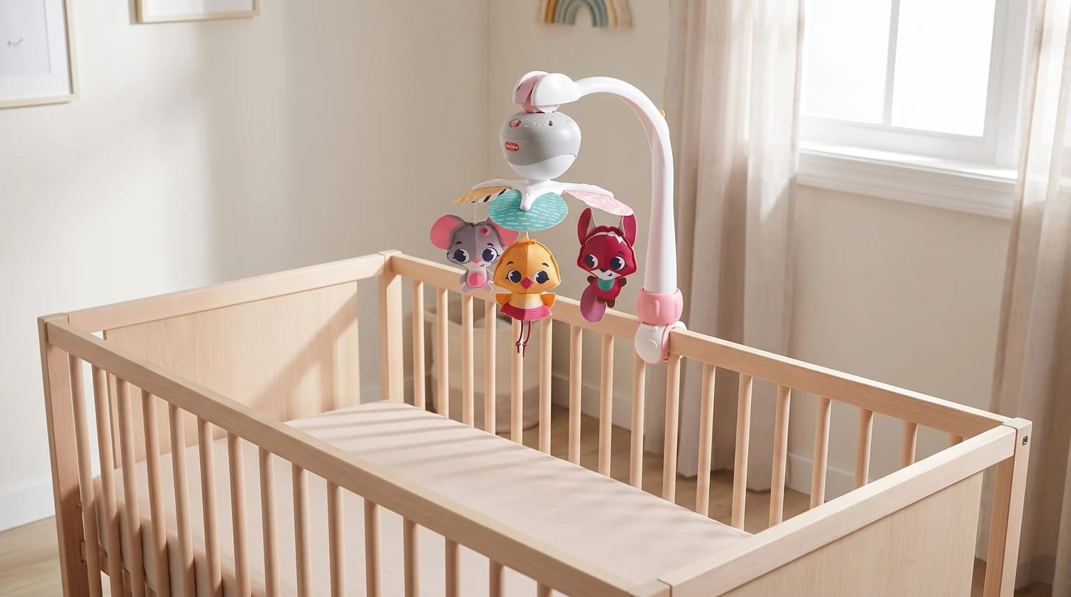 Móbile portátil Tiny Love instalado na lateral de um berço claro, com três bonecos de animais suspensos num quarto luminoso.