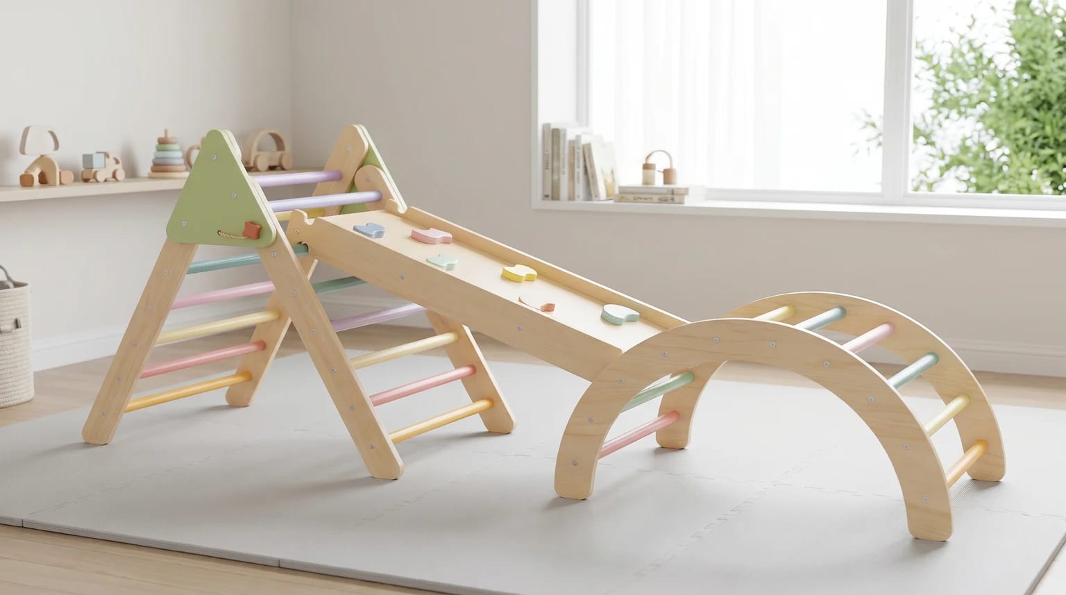 Conjunto de escalada Pikler de madeira clara montado numa sala de brincar moderna e soalheira, com triângulo, rampa e arco visíveis.