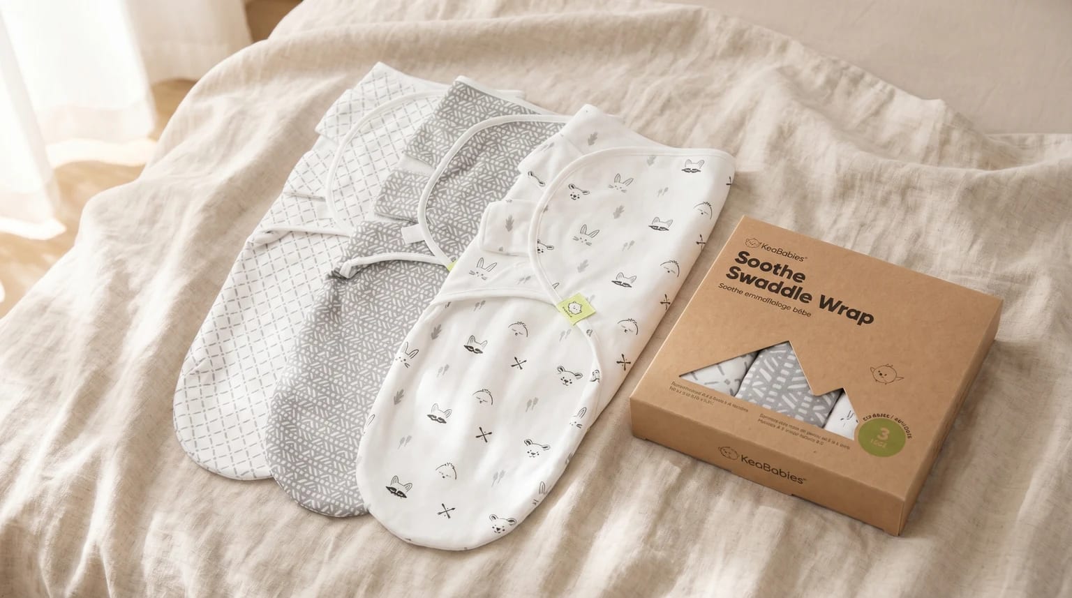 Três panos de swaddle da KeaBabies com padrões cinzentos e brancos, artisticamente dispostos sobre um fundo de tecido suave e neutro, ao lado da sua caixa de embalagem.