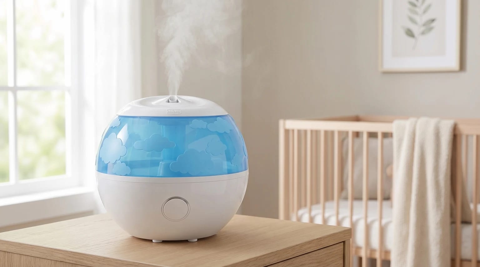 O humidificador Chicco Humi Fresh, branco e azul com um padrão de nuvens, está sobre uma mesa de cabeceira de madeira clara num quarto de bebé sereno e bem iluminado.