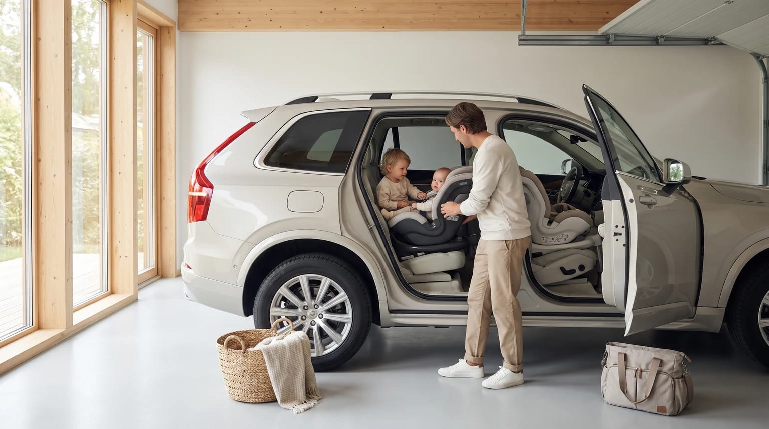 Um pai a instalar um bebé numa cadeira auto, enquanto outra criança pequena observa, no banco de trás de um carro numa garagem.