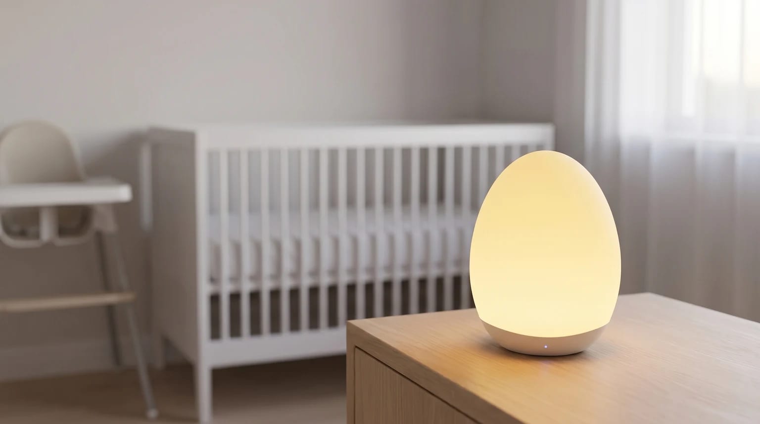 Candeeiro de presença em forma de ovo a brilhar com uma luz amarela suave numa mesa de cabeceira de madeira, fora do berço num quarto de bebé sereno.