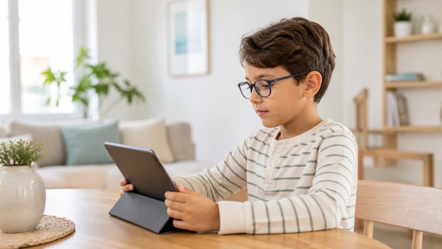Criança de óculos a usar um tablet num ambiente luminoso em casa