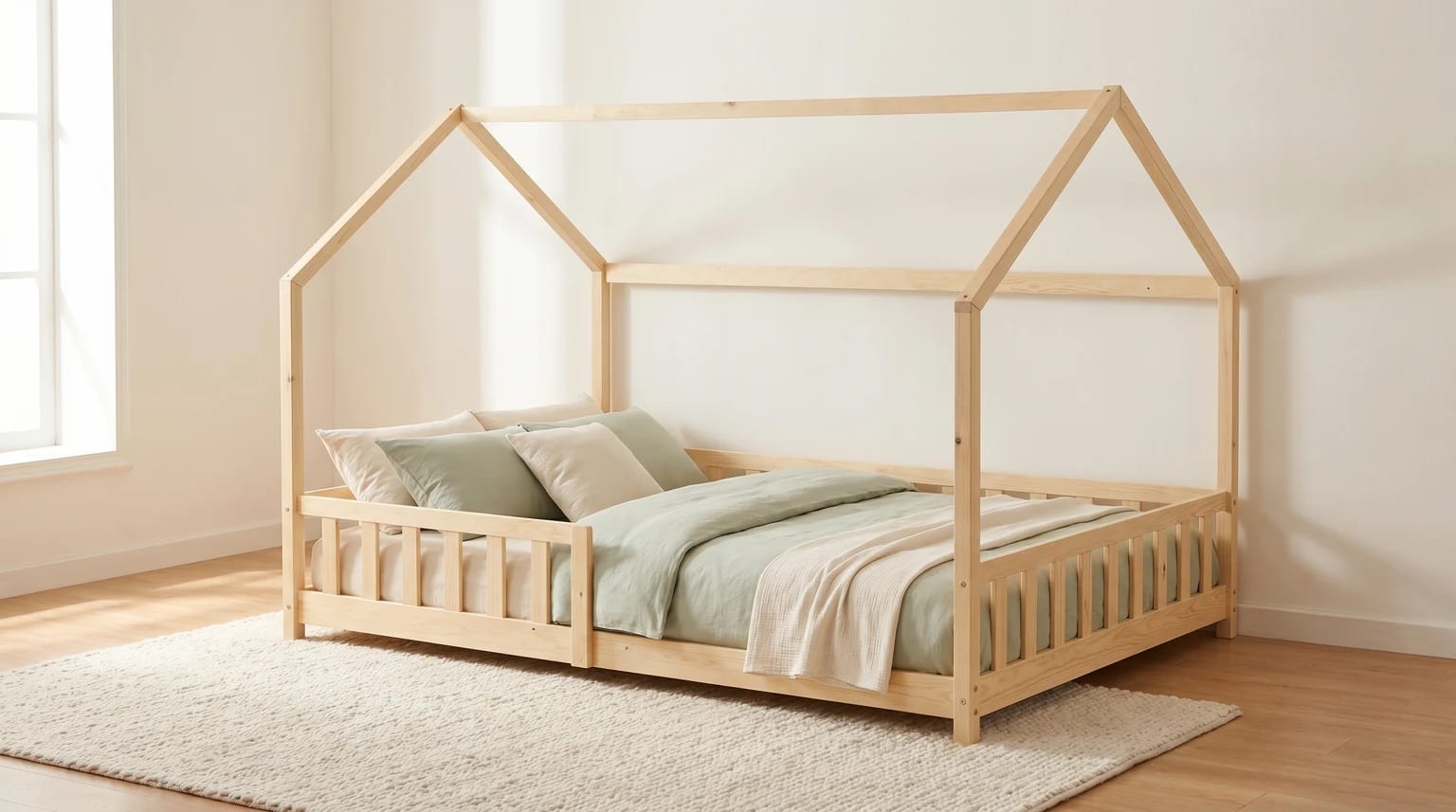 Cama infantil de madeira natural em forma de casa, num quarto de criança luminoso e sereno, com roupa de cama lisa e um ambiente calmo e minimalista.