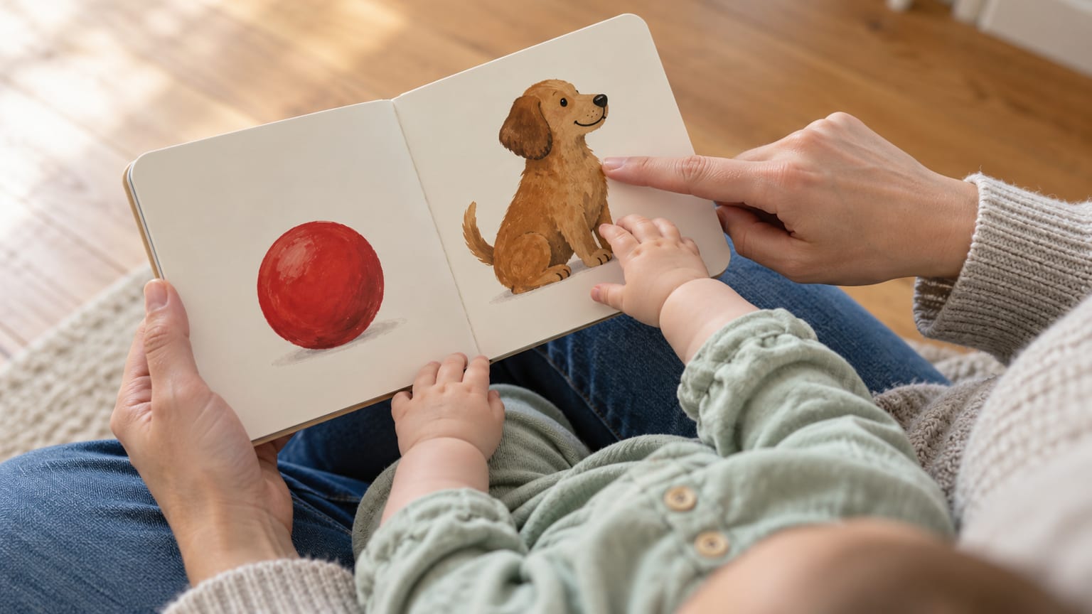 Um adulto aponta para a ilustração de um cão enquanto o bebé toca nas páginas grossas do livro.
