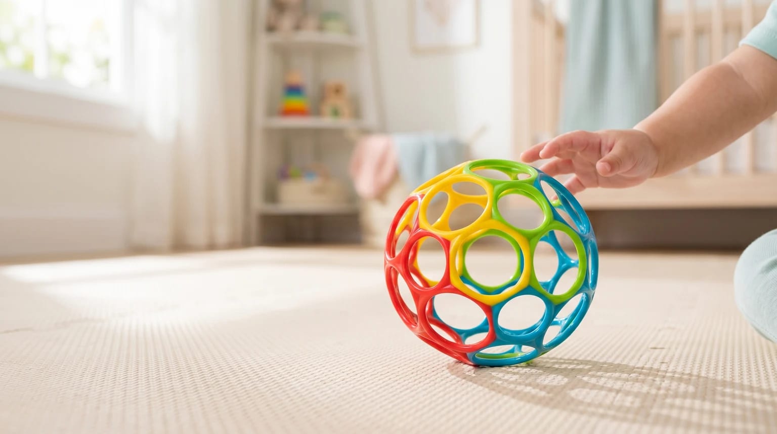 Bola Oball colorida da Bright Starts sobre um tapete de brincar claro, com a mão de um bebé a aproximar-se para a agarrar.