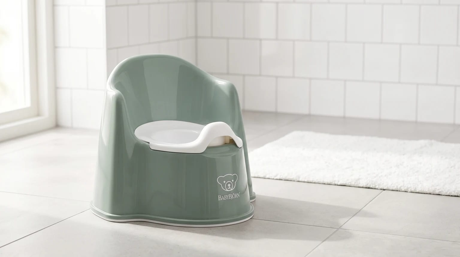 Bacio ergonómico BabyBjörn em verde-sálvia, colocado no chão de uma casa de banho moderna e luminosa.