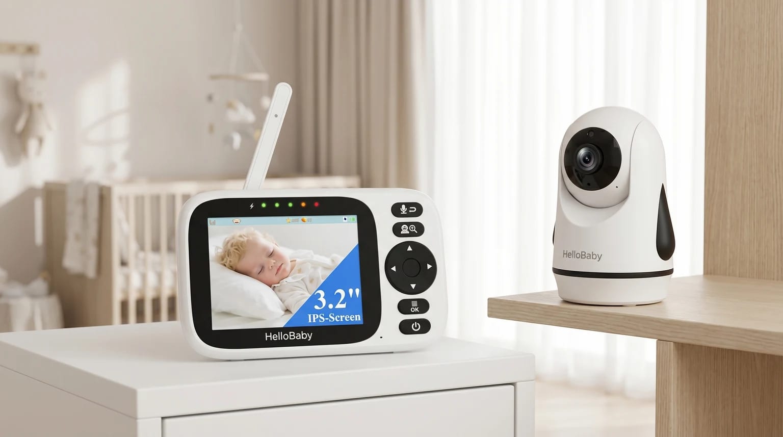 O intercomunicador de bebé HelloBaby HB6339 num quarto de bebé sereno. A câmara está numa prateleira de madeira clara e o monitor para pais está numa mesa de cabeceira, a mostrar o bebé a dormir.