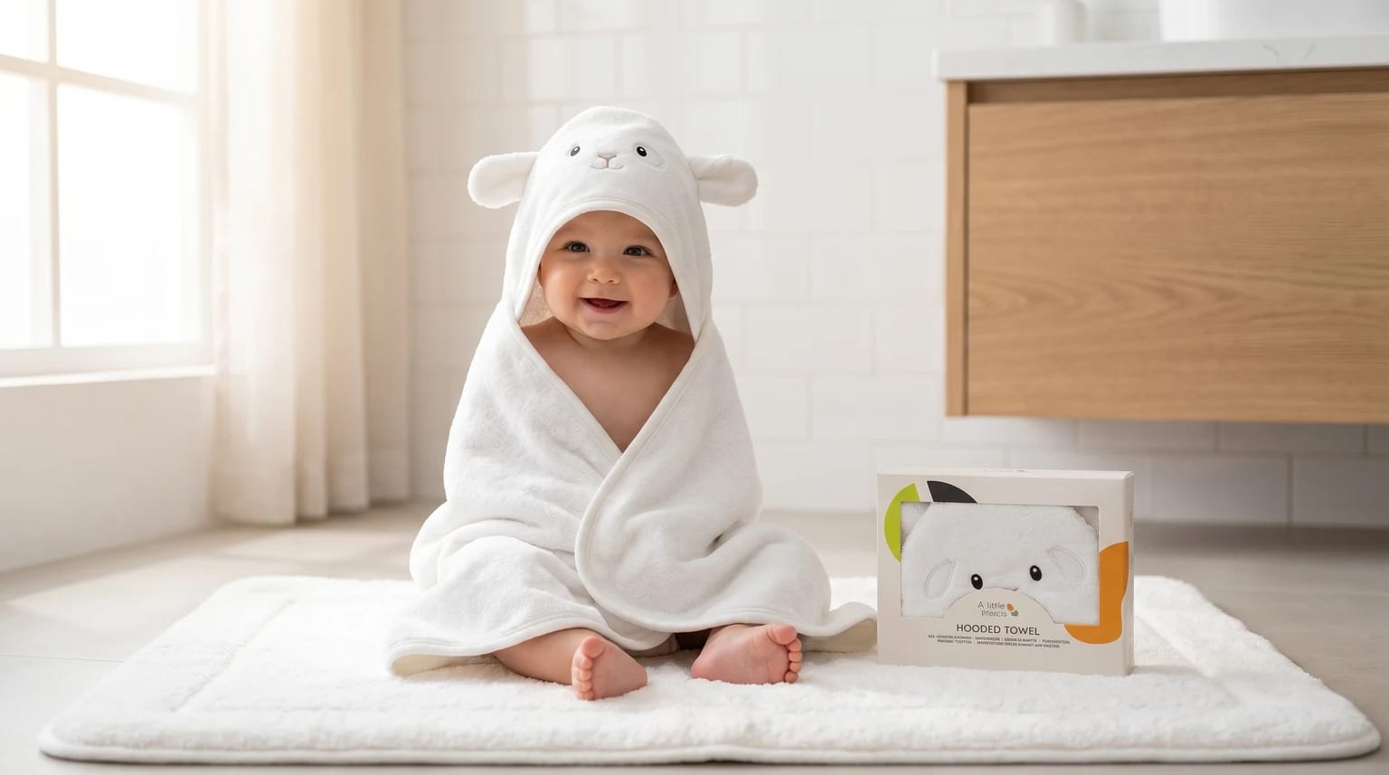 Bebé sorridente e feliz, enrolado numa toalha de banho branca com um capuz de animal, sentado num tapete fofo numa casa de banho moderna e luminosa.