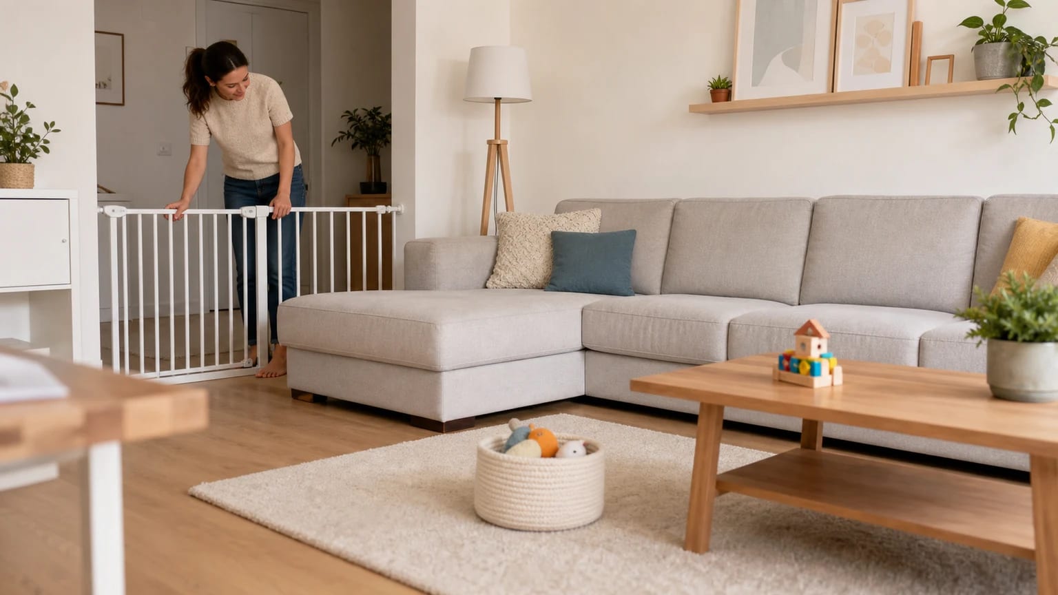 Sala de estar calma preparada para reduzir riscos para um bebé em casa.