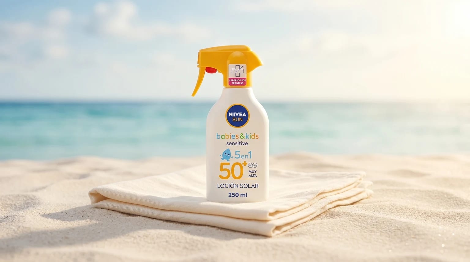 Frasco de protetor solar Nivea Sun para bebés e crianças pousado numa toalha na areia de uma praia soalheira, com o mar calmo ao fundo.