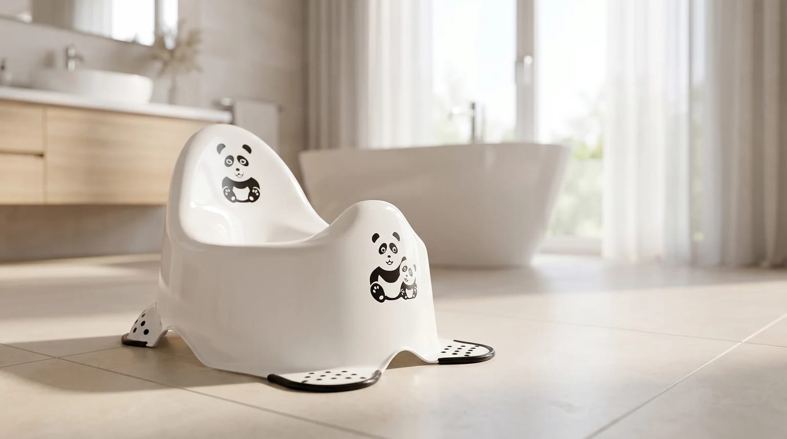 Bacio infantil branco com decorações de pandas, pousado no chão de uma casa de banho moderna e bem iluminada.