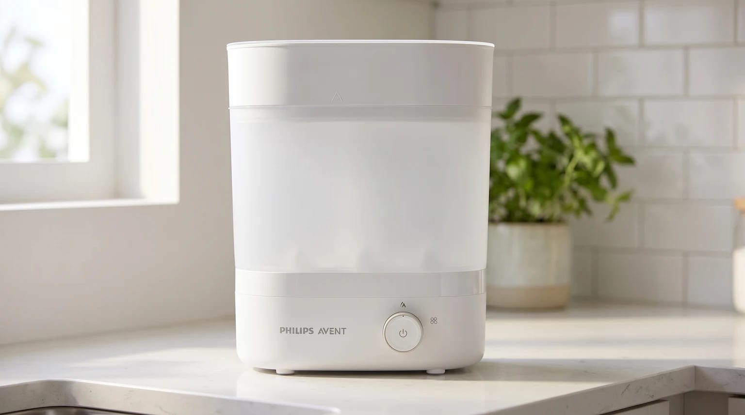 Esterilizador e secador de biberões Philips Avent branco numa bancada de cozinha moderna e luminosa, com luz natural suave a iluminar a cena.