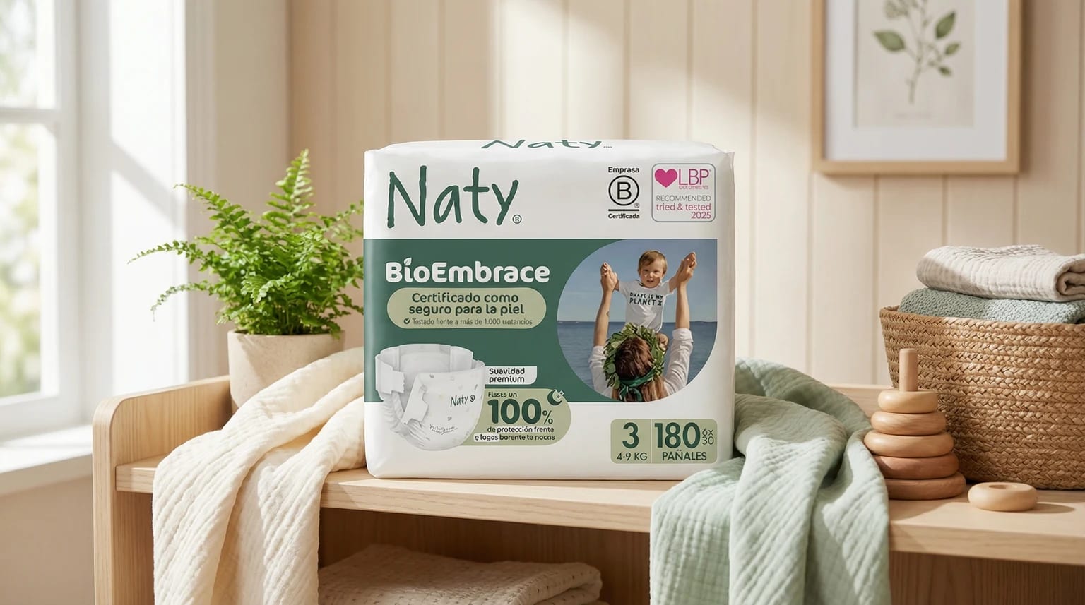 Embalagem de fraldas Naty BioEmbrace num espaço de bebé claro com materiais naturais